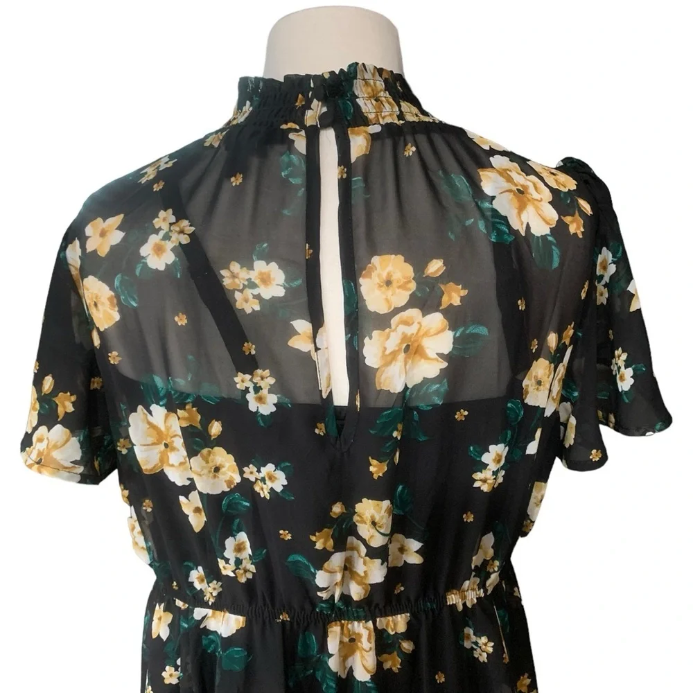 Torrid size 0 black floral sheer midi dress with slip lining - Picture 4 of 6